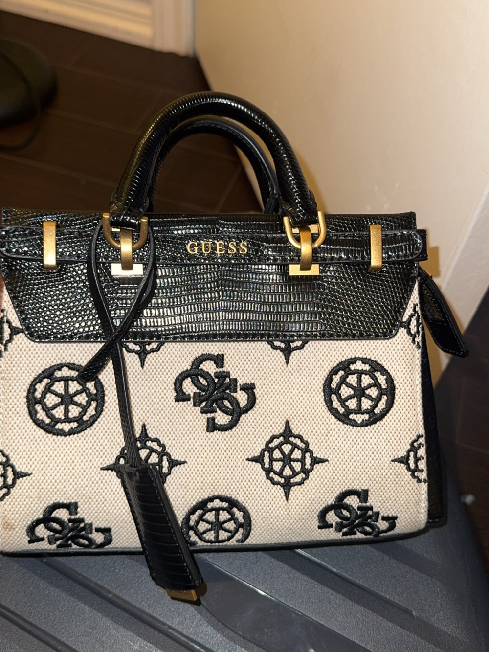 GUESS Black & Cream Logo Embroidered Satchel